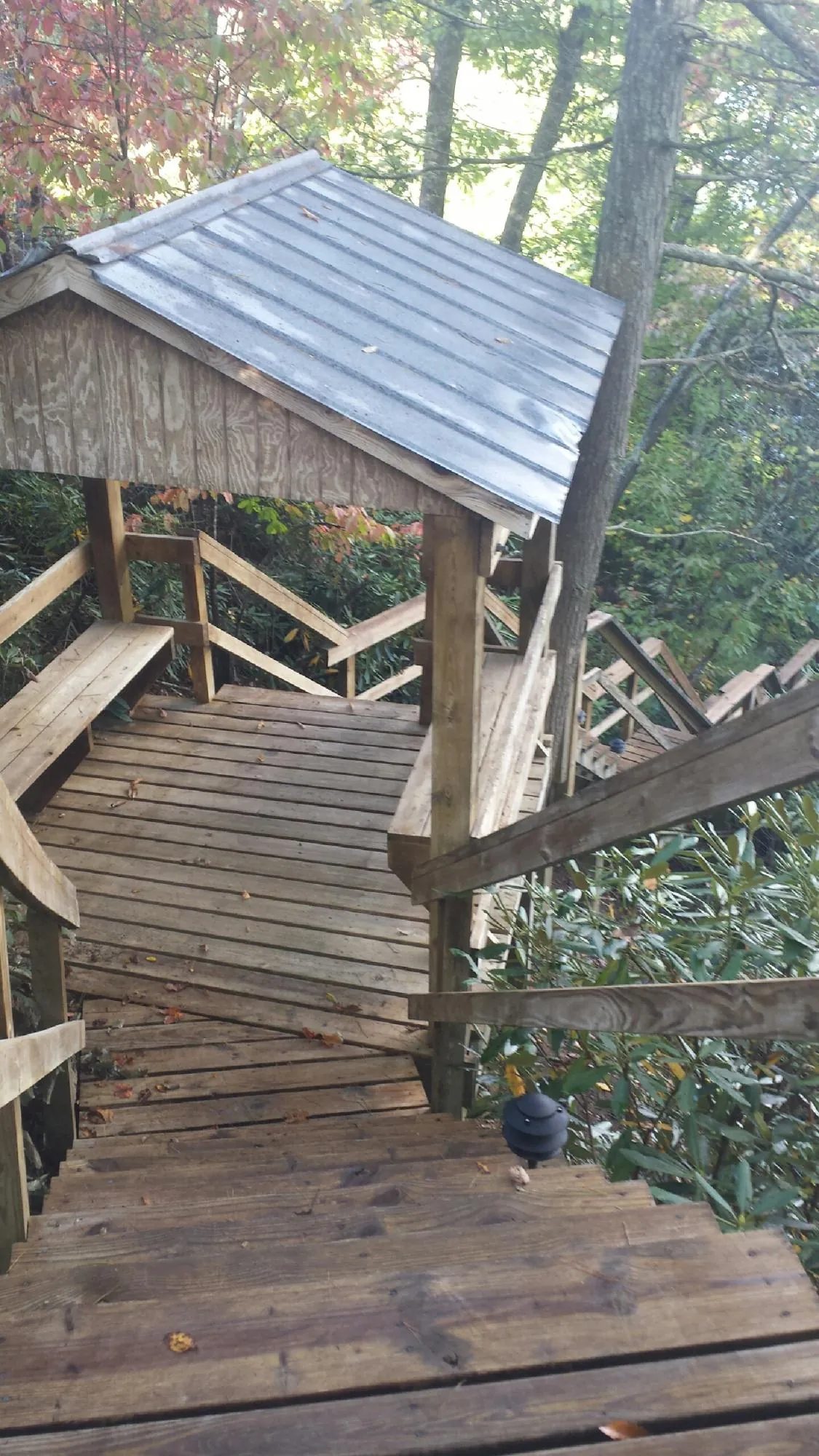 Metal roofed shelter over wooden steps on a wooded walkway — Skylight Repair & Installation work by our crew in Fort Ogden